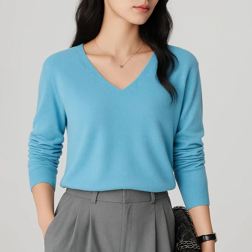 Janemo/茧墨V领简约一线成衣温暖羊毛衫 时尚百搭透气舒适亲肤