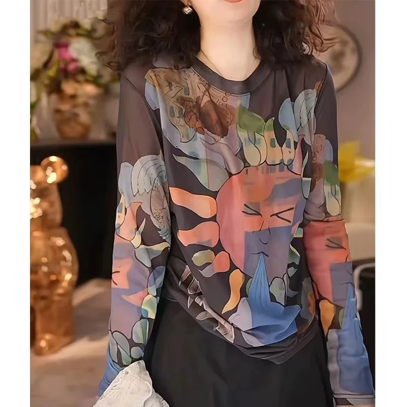 春夏宽松显瘦印花打底防晒上衣太阳花薄款扎染网纱长袖圆领T恤女