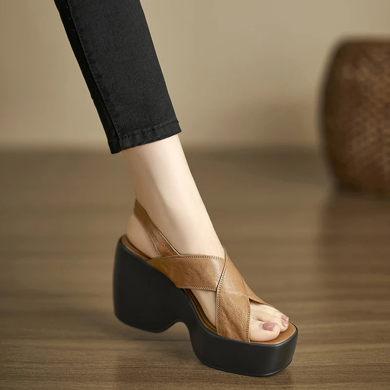 小个子手工女鞋10cm~夏显瘦超高跟厚底交叉带露趾罗马凉鞋坡跟鞋