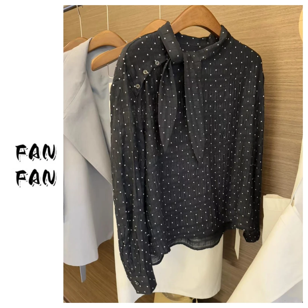 FANFAN 【清新波点系带】黑底衬衫