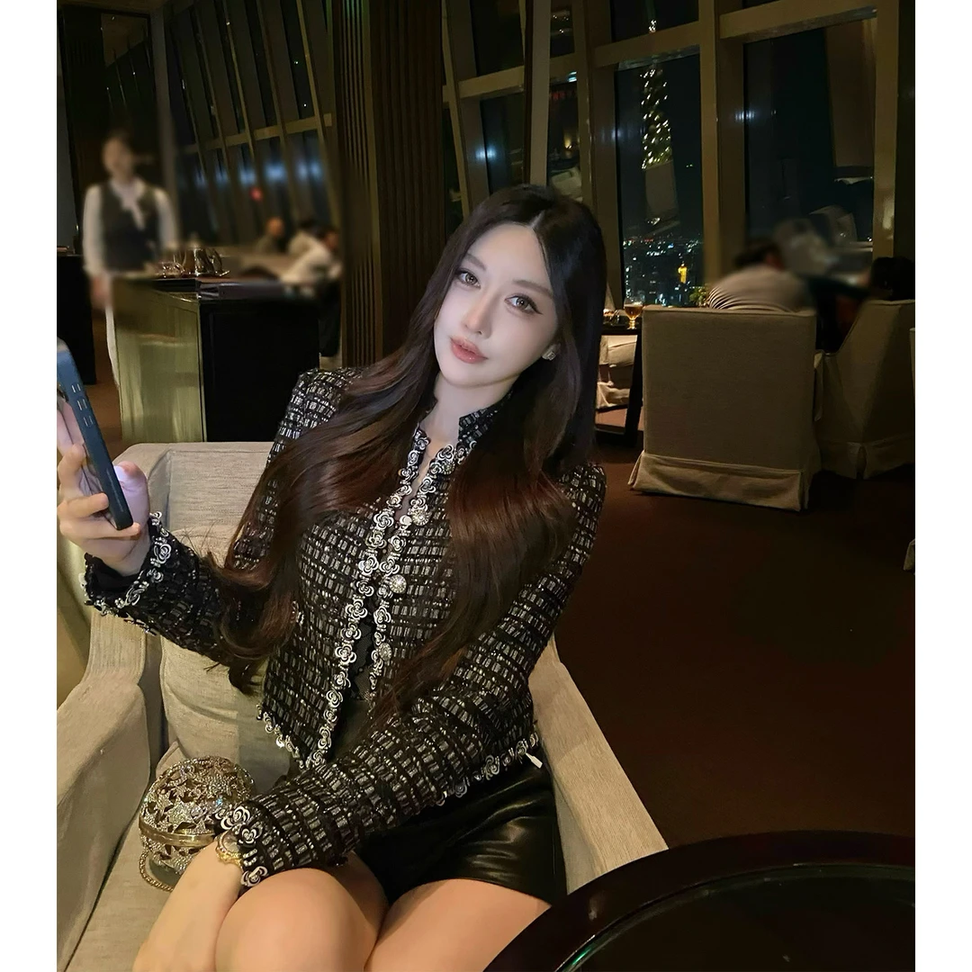 SX善喜山茶花织带立领小香外套女名媛风千金精致时髦编织毛呢上衣