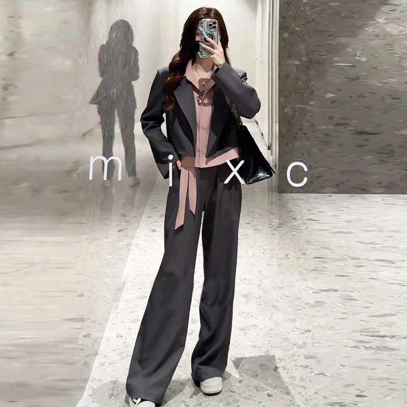 La babite西装时尚套装秋季新款显瘦假两件西服上衣阔腿裤两件套