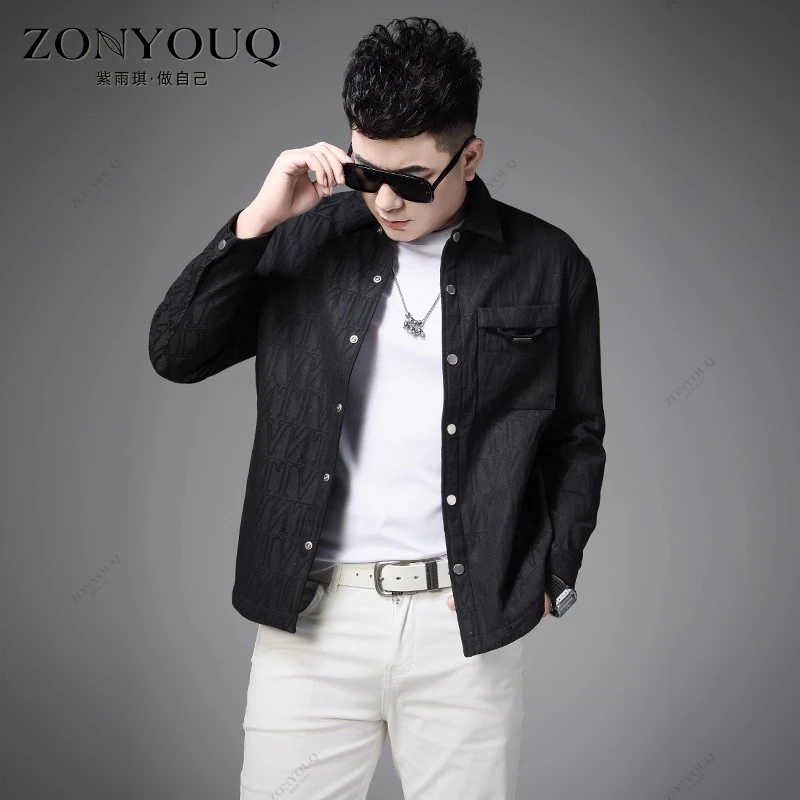 ZONYOUQ长袖衬衫男秋季外套高级感提花黑色翻领夹克休闲衬衣上衣