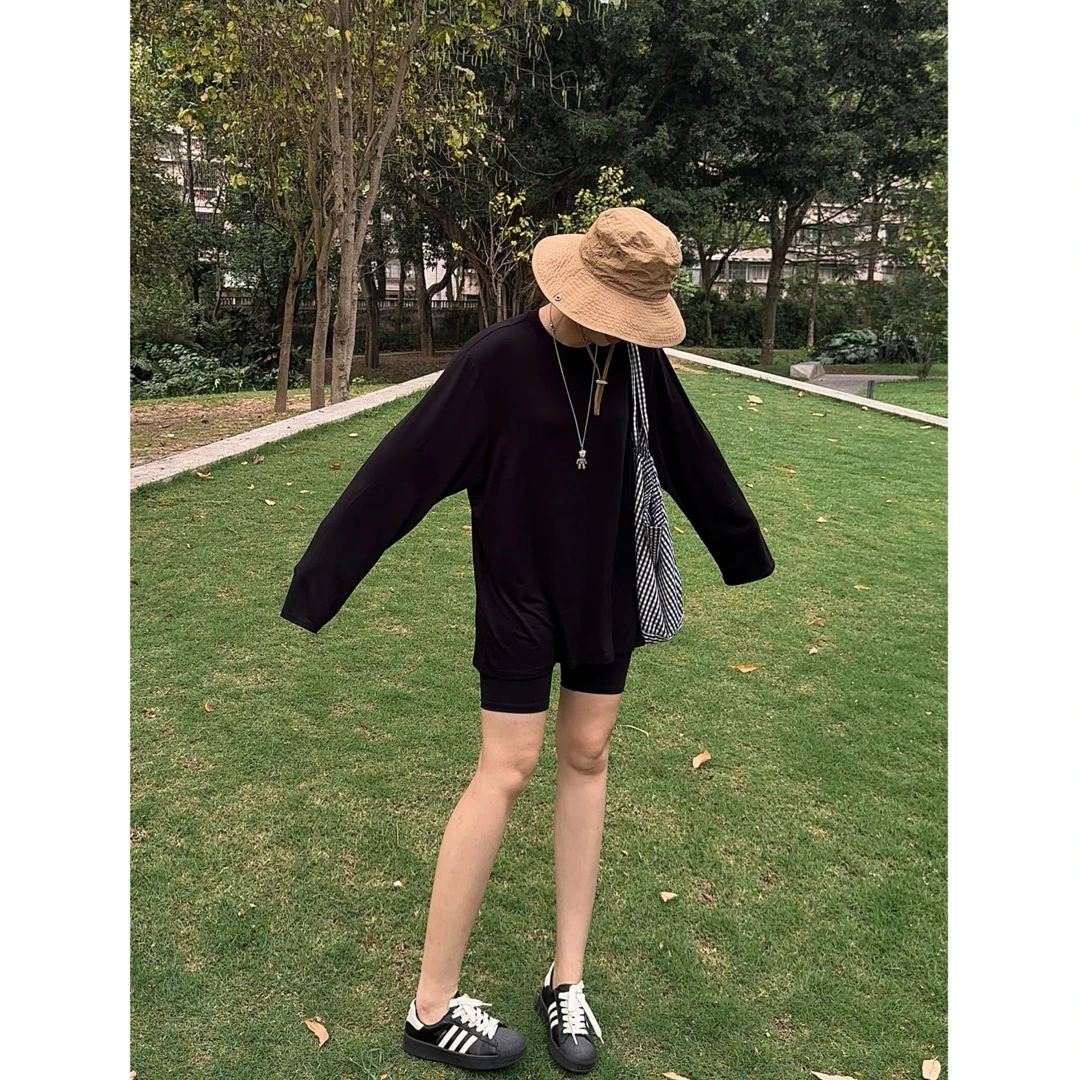 【胡洛一】夏季时尚宽松遮肚长袖圆领透气慵懒感百搭显瘦T恤-CK167