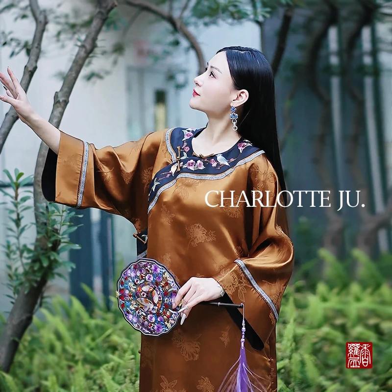 【如焉】香云纱桑蚕丝重锻纯手工手绣复古中国风刺绣中长款女士旗袍