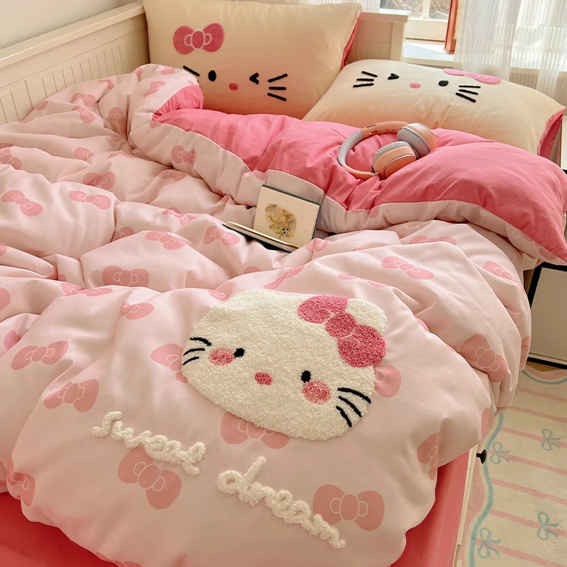 可爱KT猫毛巾绣水洗棉床上四件套非全棉纯棉床单人被套床笠三件套