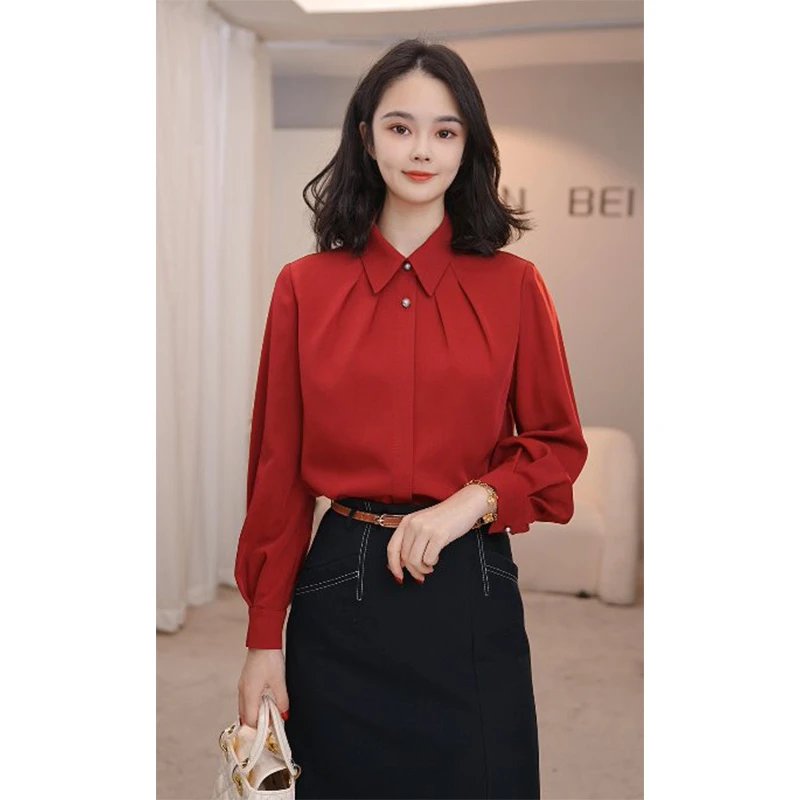 【小陈专属】2025红酒佳人8493225A酒红色衬衫女士设计感通勤风高级