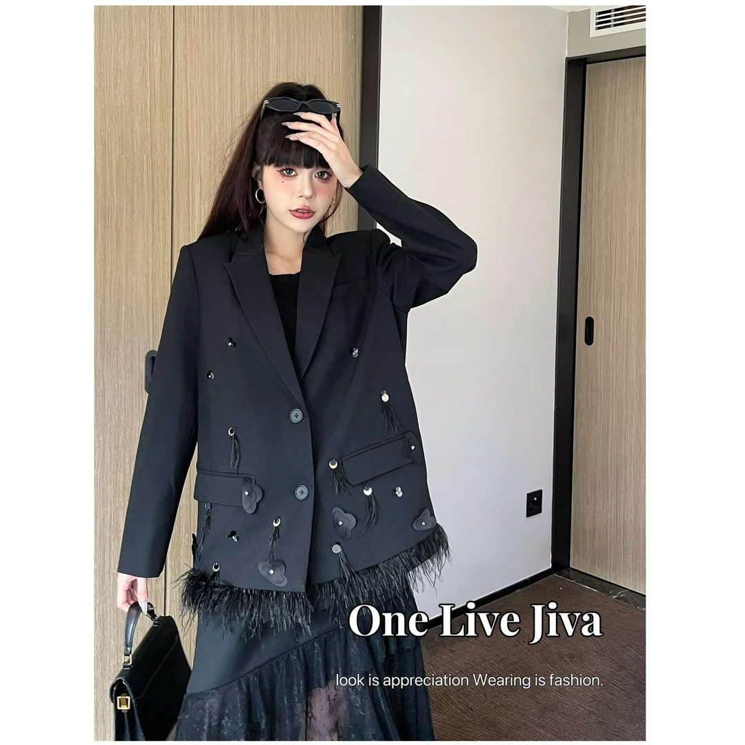 KIKI严选：64012-jiva家欧洲站南油秋季新款钉珠下摆毛毛西装外套