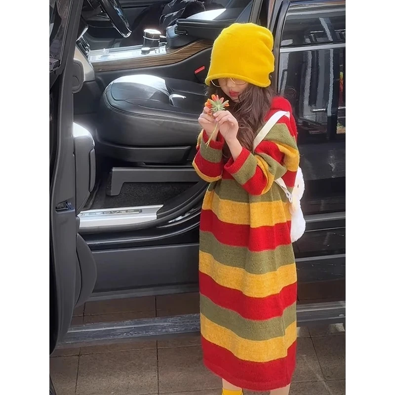 女童连衣裙秋冬2025新款儿童条纹打底裙子韩版女孩长款毛衣裙洋气