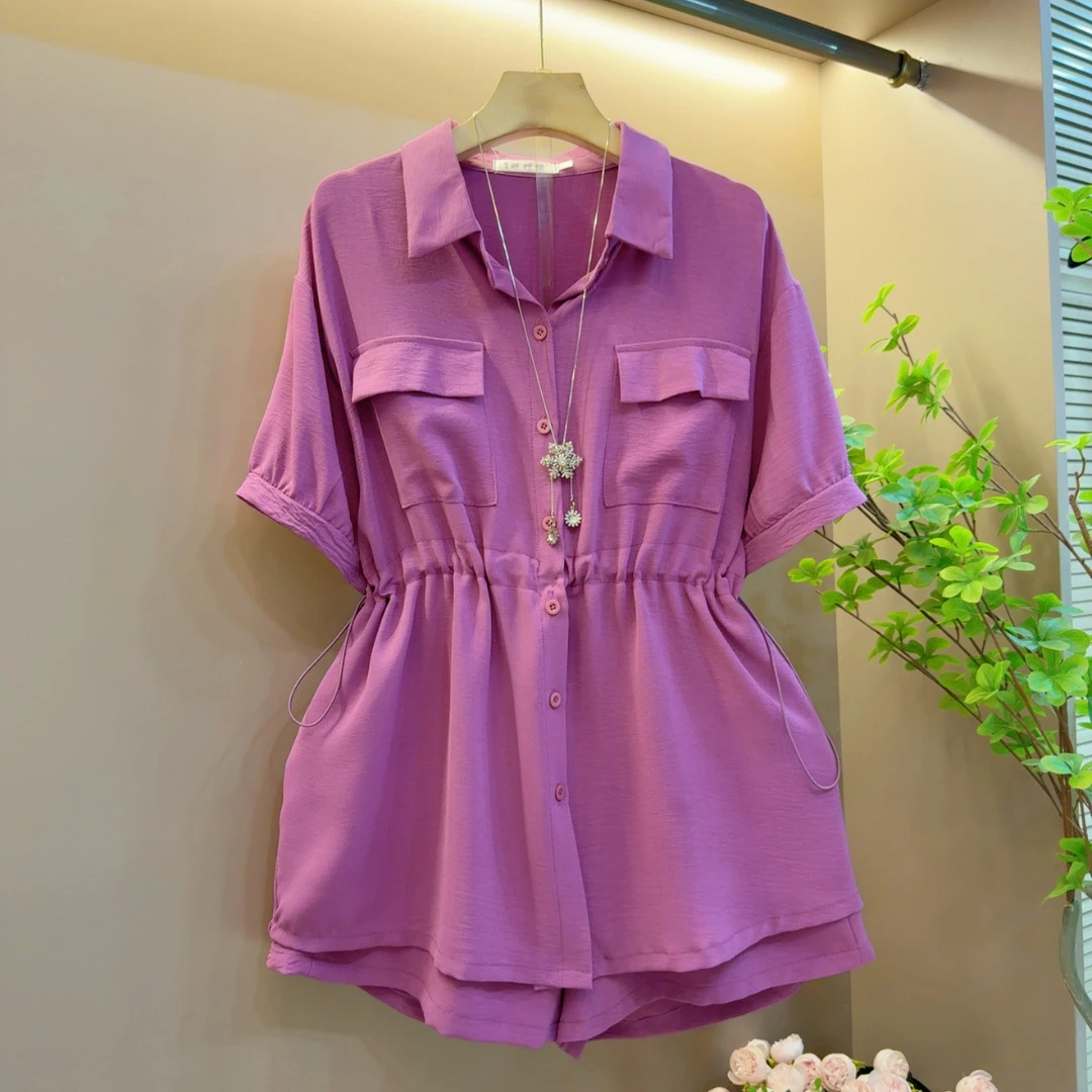 气质时尚宽松大码抽绳翻领设计感夏季两件套上衣（衣长64左右）