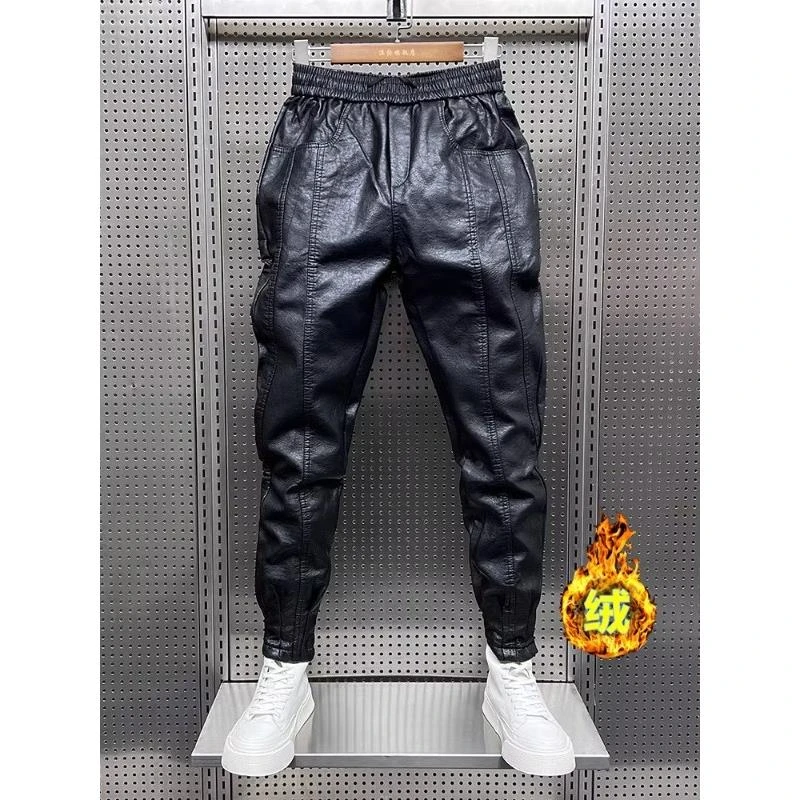 秋冬季加绒保暖外卖骑手机车防风防水皮裤男黑色小脚加厚休闲裤子