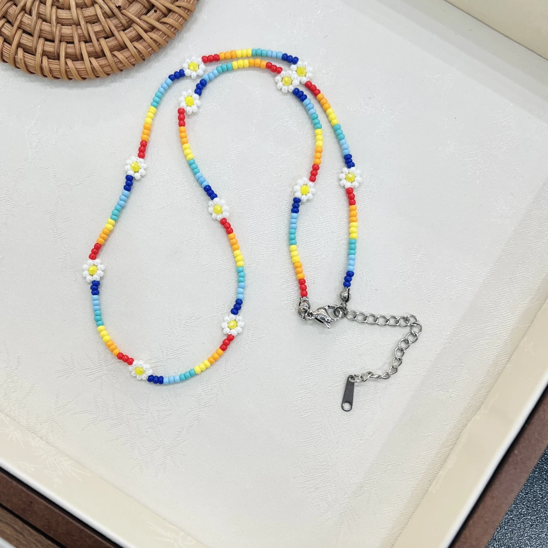 铜合金项链 XL-570彩虹色珠链花朵小清新精致甜美锁骨链