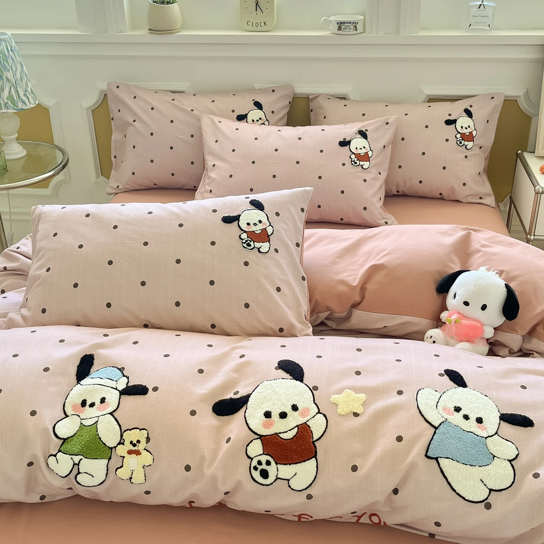 卡通风波点恰恰狗毛巾绣加厚磨毛床上四件套纯棉100%全棉被套床单