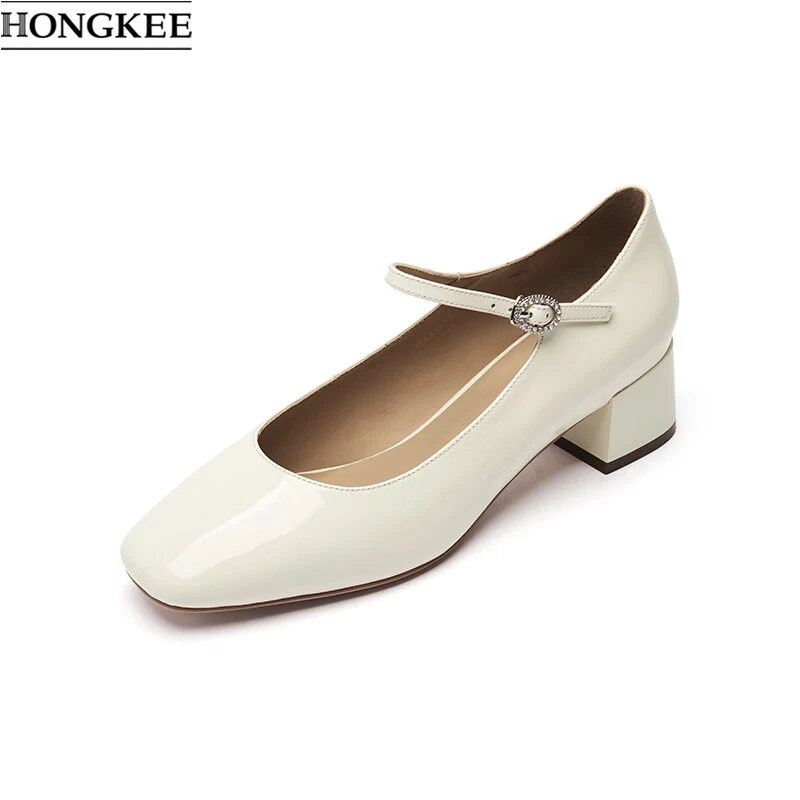 HONGKEE/红科25春季牛皮方头浅口单鞋甜美优雅粗跟玛丽珍HA85S122