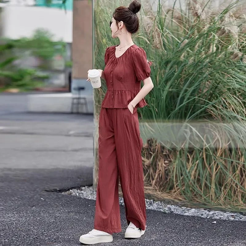 时尚套装百搭休闲风纯色小众设计感显瘦上衣长裤2025年夏季新款潮