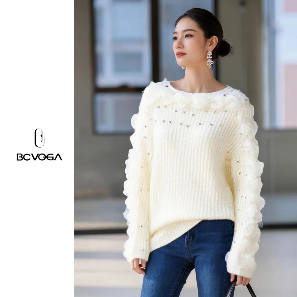 多色可选法式冬季针织衫设计师钉珠立体花气质设计宽松版中长款