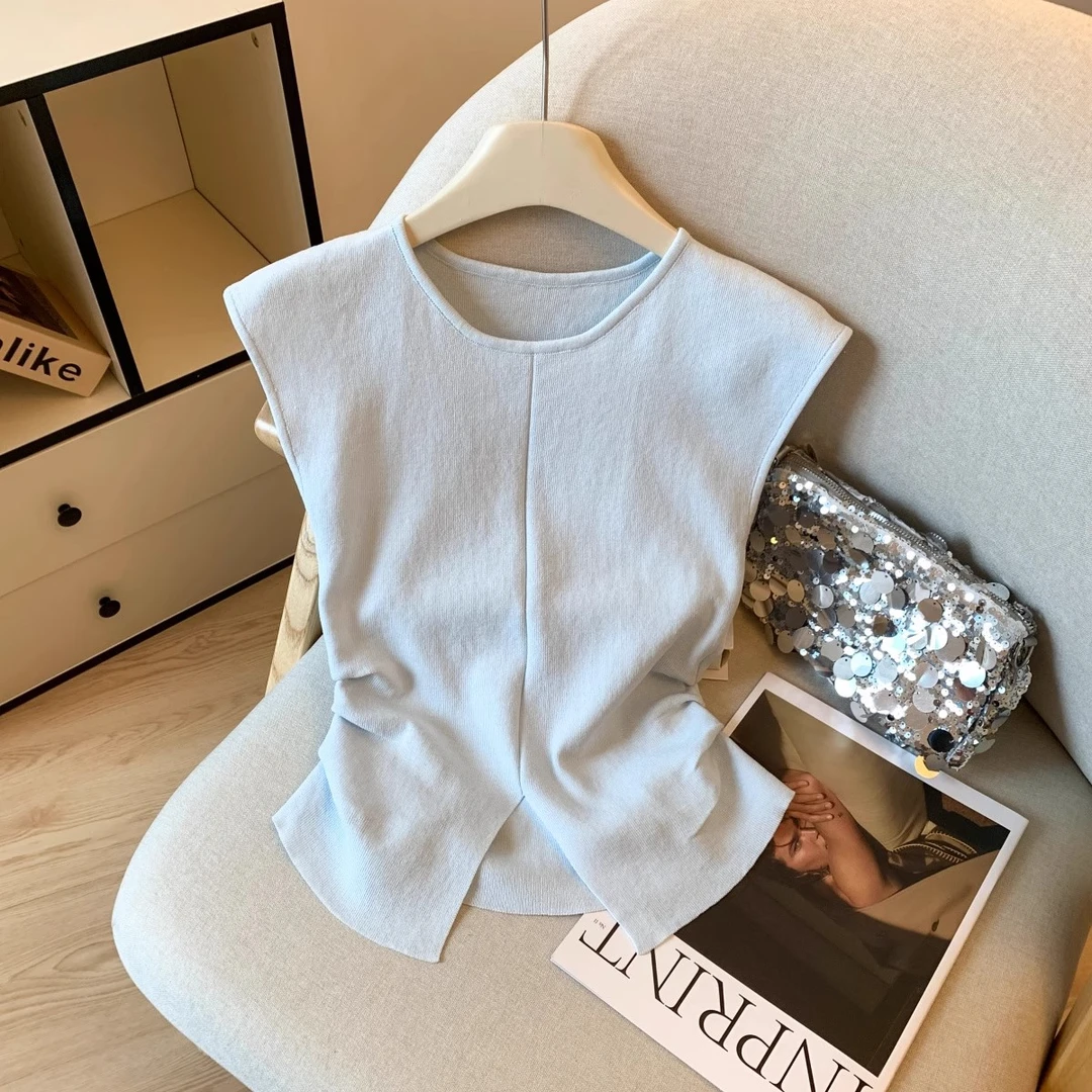 设计感开叉冰丝无袖针织衫女夏季独特坎肩t恤辣妹掐腰显瘦小上衣