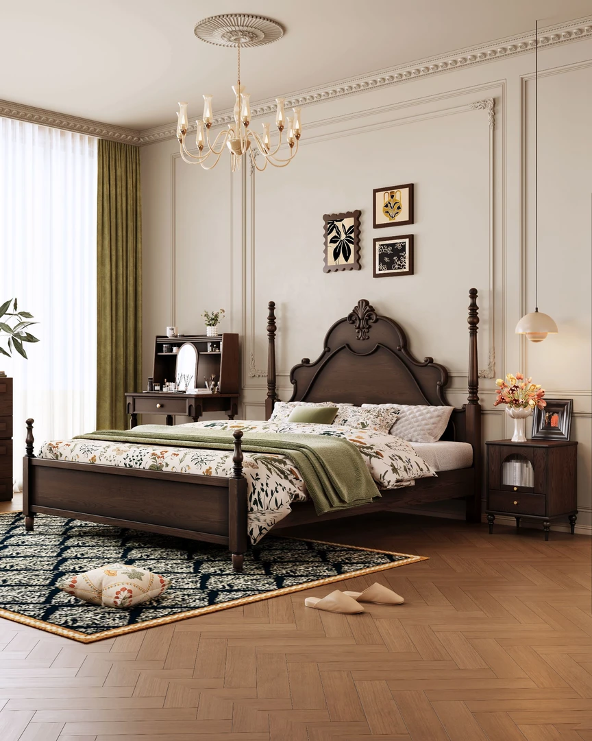 新美式中古实木床法式复古床主卧双人床黑色雕花简约主卧室大床