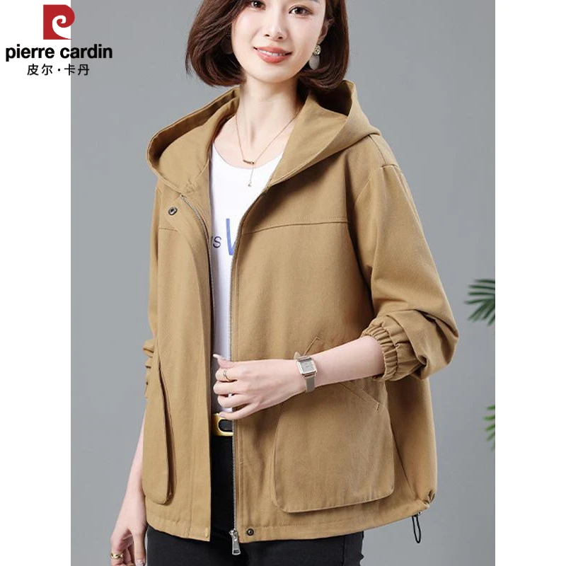 皮尔卡丹大码女装含棉连帽外套春秋新款宽松休闲上衣中年妈妈装百