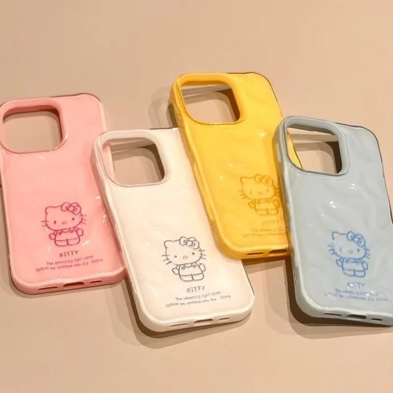 英文线条kt猫适用苹果16pro新款15手机壳14少女13褶皱壳12保护套