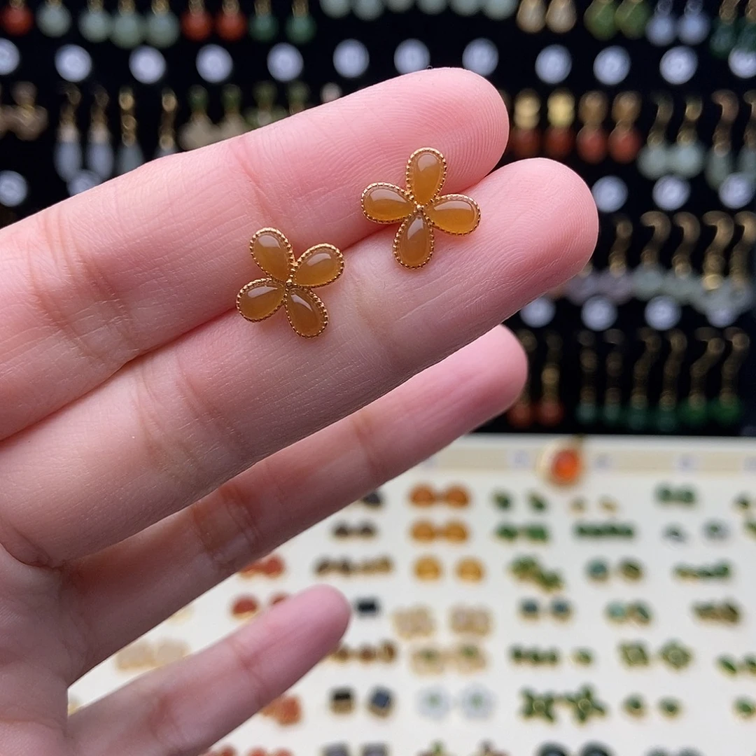 和田玉银S925镀金镶嵌耳饰