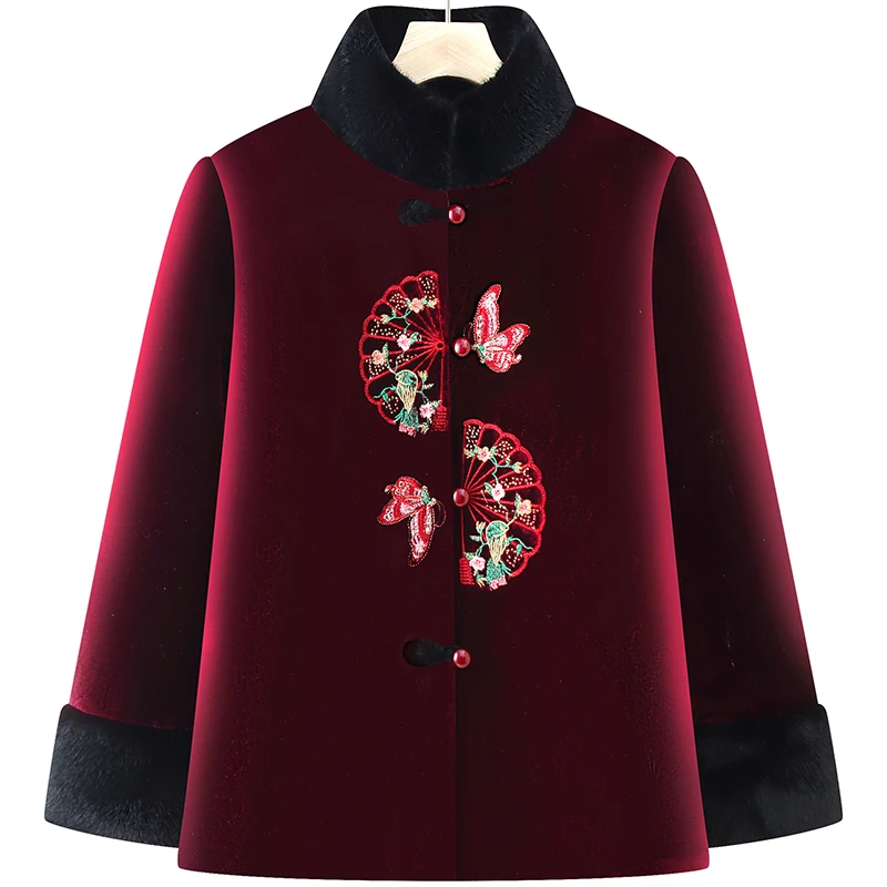 中老年女装冬装金丝绒棉衣大码妈妈装加绒加厚刺绣棉袄奶奶装棉服