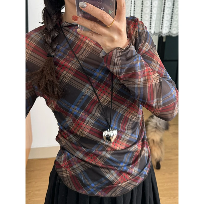 可单穿叠穿印花打底衫神器网纱显瘦微透女格纹长袖上衣