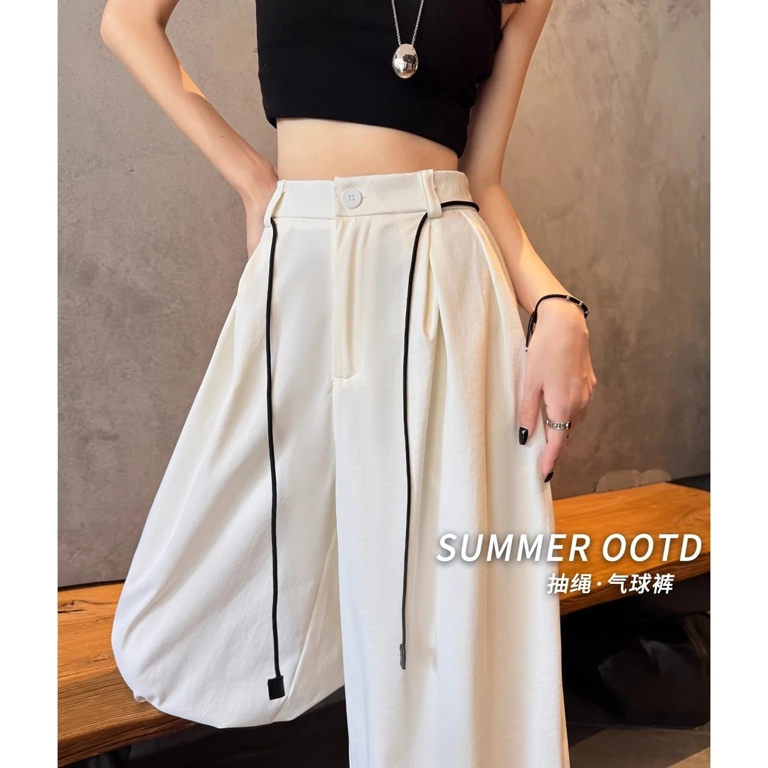 白色抽绳气球裤女夏季薄款高腰宽松垂感拖地裤运动休闲西装阔腿裤