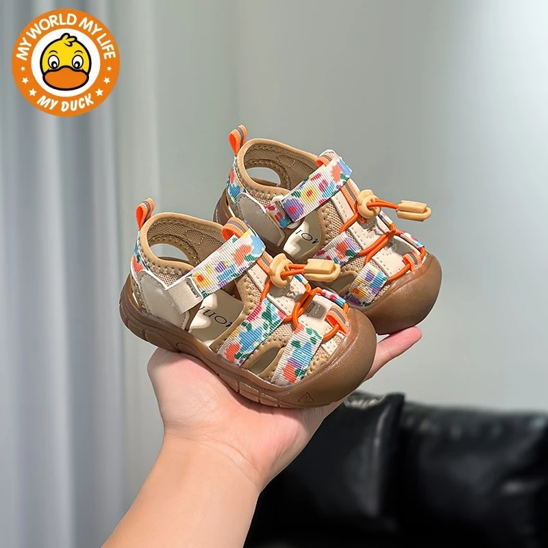 小黄鸭宝宝包头凉鞋学步鞋夏季男童包脚防撞沙滩鞋碎花女童凉鞋