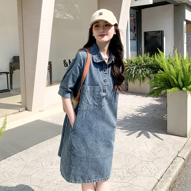 短袖牛仔连衣裙女2025夏季新款小个子宽松遮肉显瘦洋气休闲衬衫裙