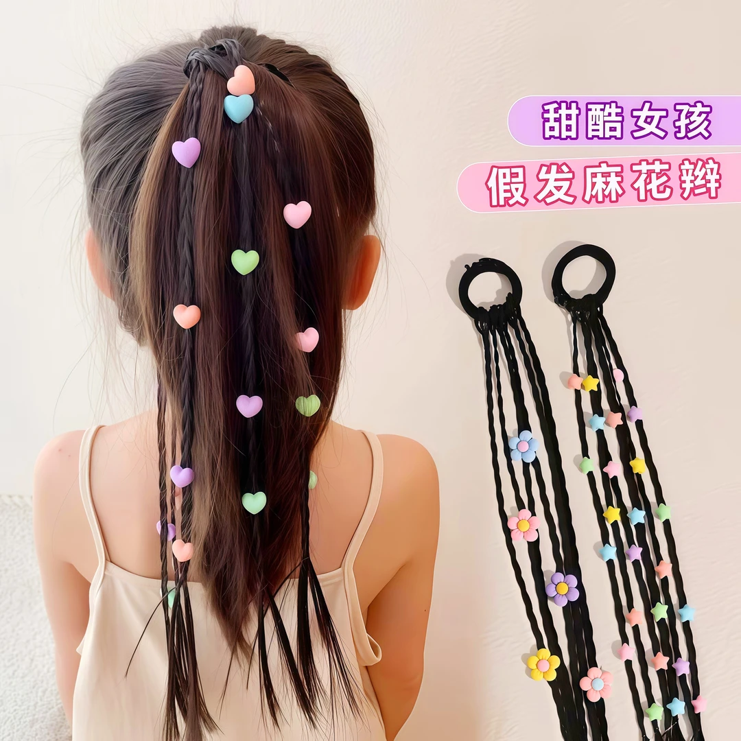 新款女童甜酷爱心免扎发圈拳击辫子假发高马尾小萝莉时尚可爱头发