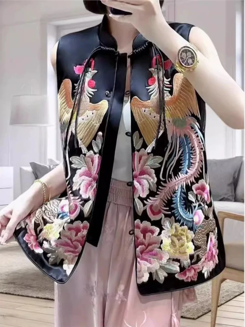 凤穿牡丹刺绣盘扣对襟马甲