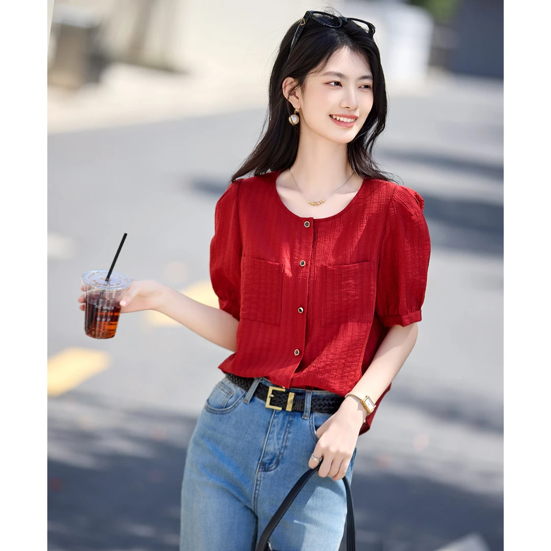 尚静莱赛尔小香风肌理感公主袖衬衫2025夏季新款小个子时尚气质