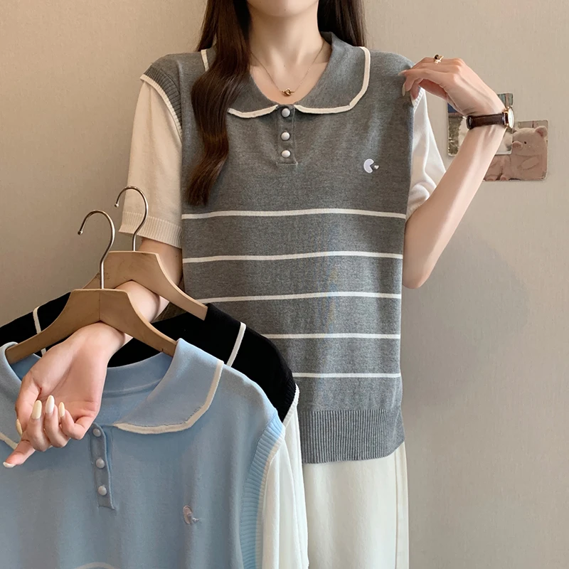 大码女装2025夏装新款宽松娃娃领针织上衣遮肚子冰丝短袖T恤3989