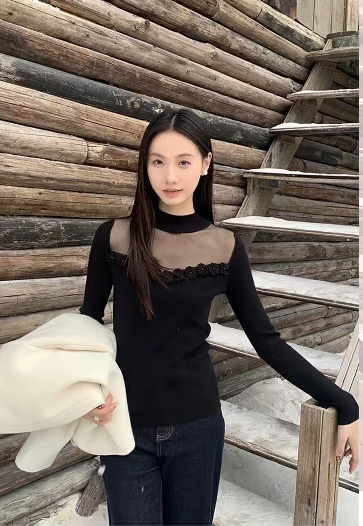 【柒·壹】温柔立体花朵拼接网纱长袖针织衫气质毛衣