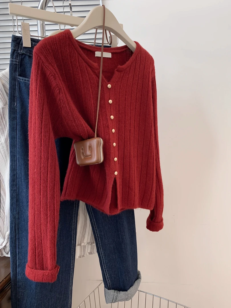 红色新年本命年打底衫女秋冬冬季毛衣内搭针织衫高级感小个子上衣