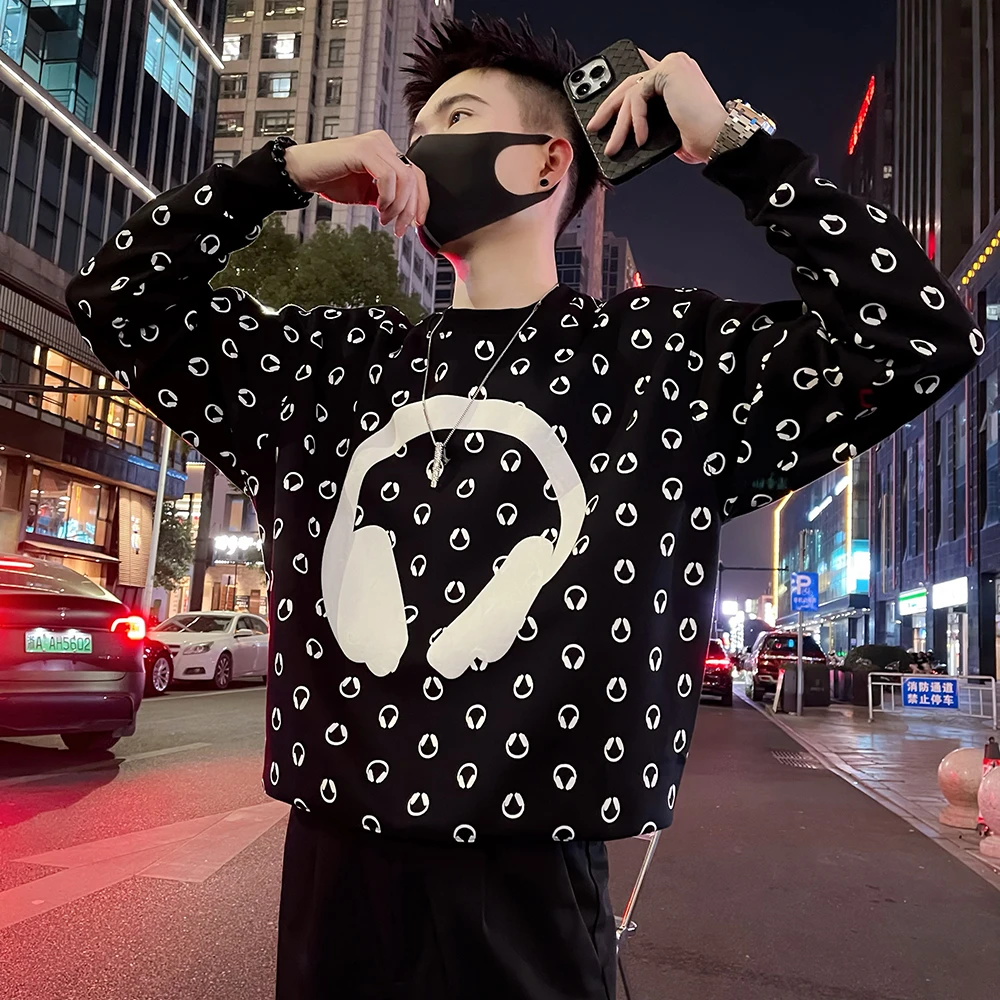 男士卫衣春季新款高级感痞帅创意耳机印花圆领长袖打底衫男装外套