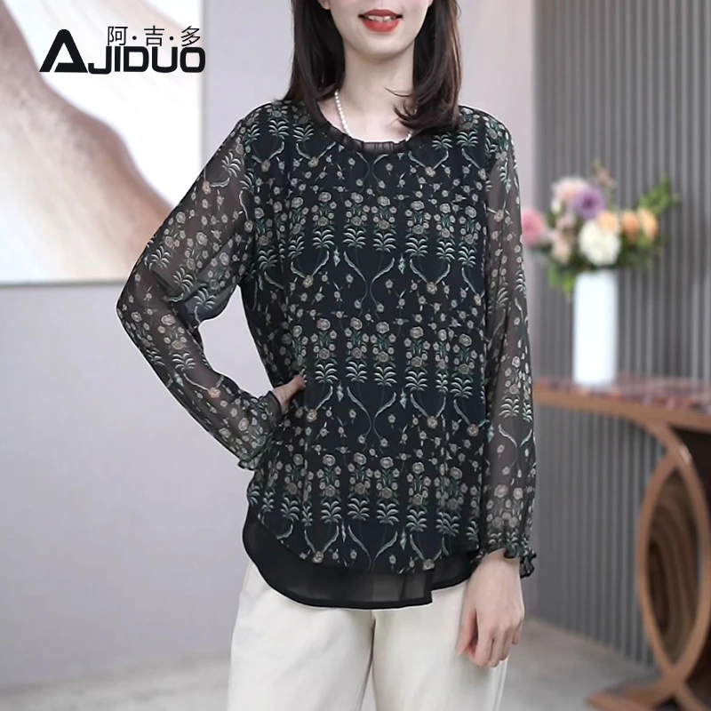 A32553阿吉多长袖雪纺衫女秋季新款中老年妈妈气质碎花衫大码上衣
