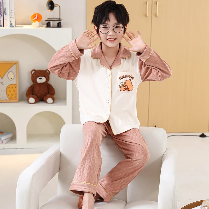 儿童睡衣秋冬季长袖德绒翻领开衫套装男童中小童可外穿休闲家居服