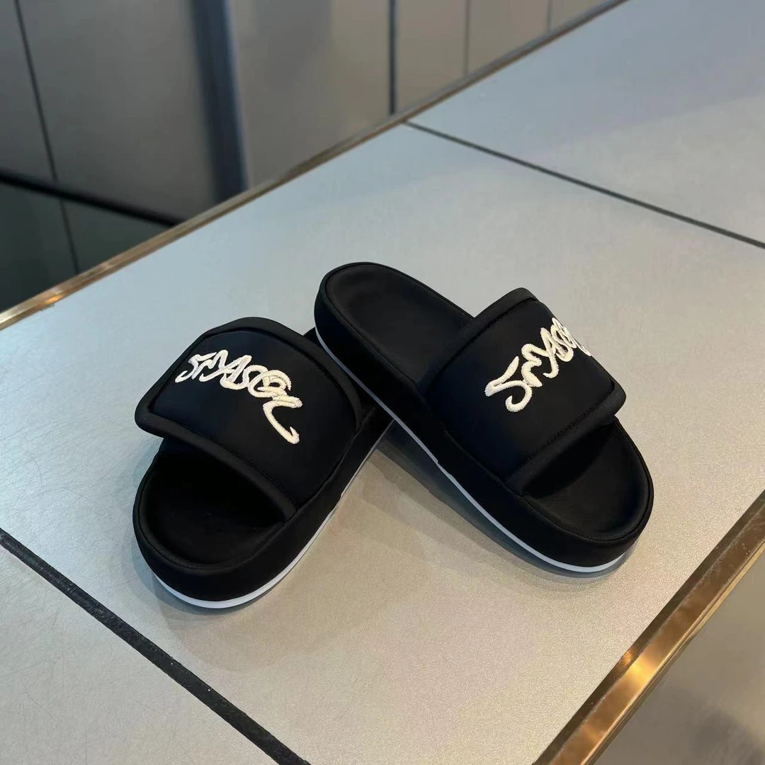 夏季新款潮流百搭布面刺绣拖鞋男士防滑魔术贴外穿男款夏鞋