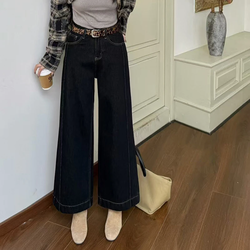 爆犀牛2024冬新款高腰宽松小个子加绒加厚阔腿牛仔裤女九分直筒裤