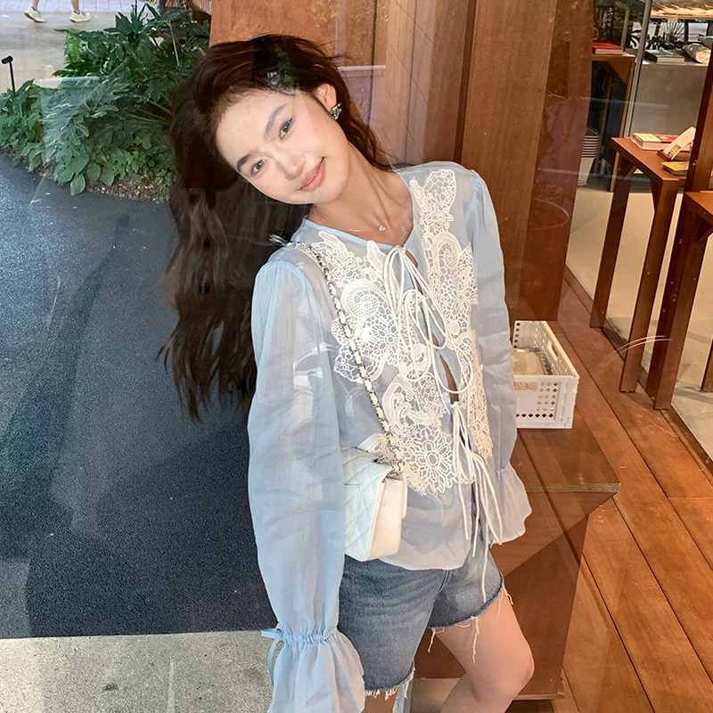 【远山如黛】RARE ZZ 春夏流行帽贝蓝蕾丝衬衫长袖无袖两款上衣