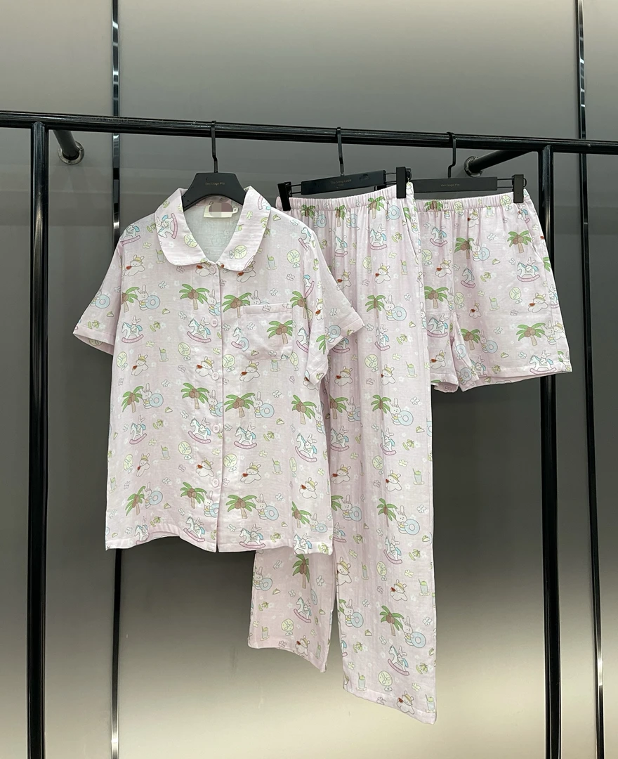 【度假岛小兔-短袖三件套】 夏款新款潮牌短袖薄棉质居家服睡衣