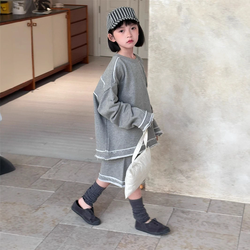 秋季新款韩版毛边卫衣儿童短裤休闲套装男女童时尚拼接重工童装