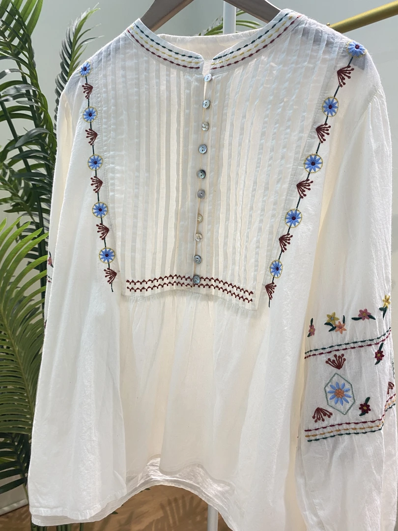 【民族风琴褶刺绣棉纱衬衫】9385