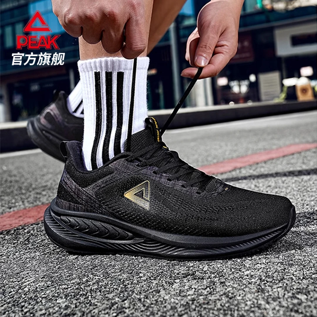 匹克态极跑步鞋男2025新款运动休闲鞋透气软弹防滑网面黑色通勤鞋