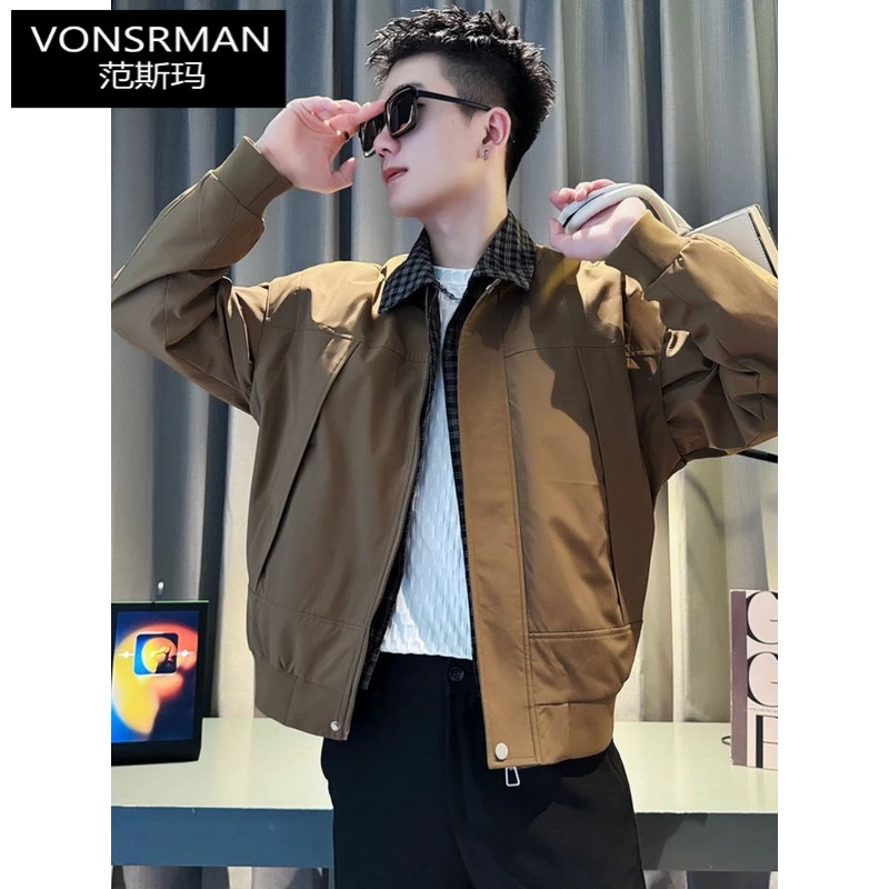 假两件格子外套男夹克休闲痞帅拼接男装上衣2025新款秋季外衣潮