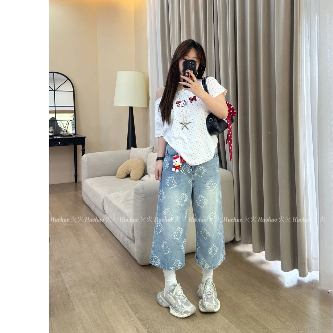 6726#大码凯蒂猫美式七分牛仔裤女夏季宽松百搭休闲水洗阔腿直筒