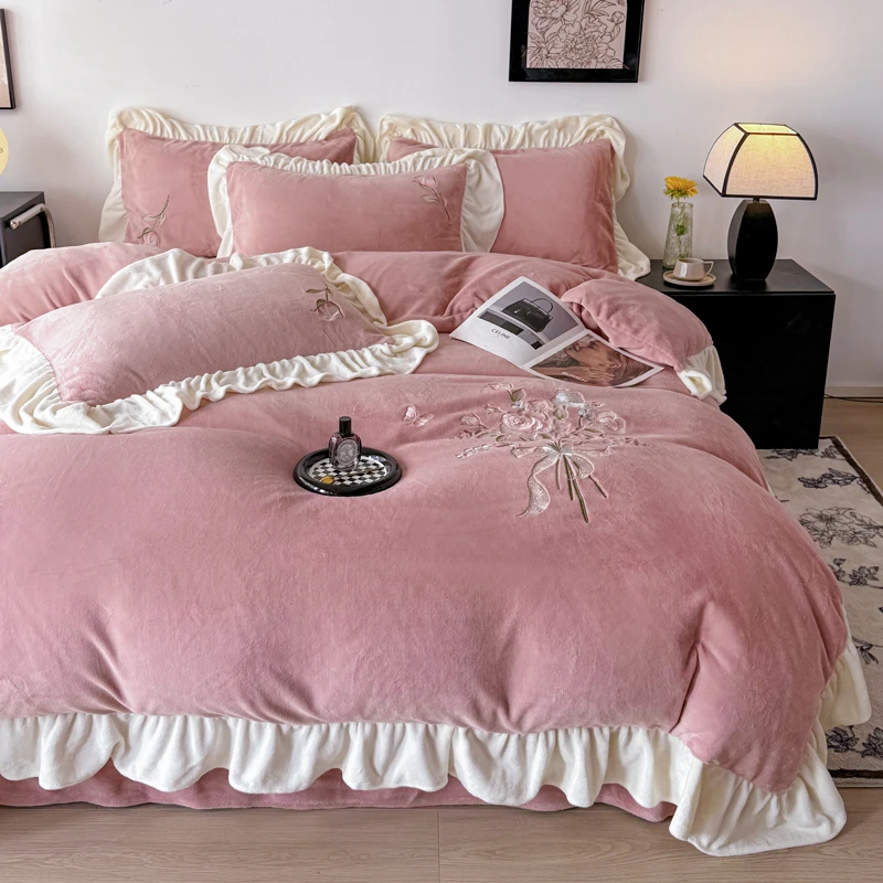 牛奶床单床上用品被套加厚刺绣奶绒加绒绣花公主风绒被床品双面绒