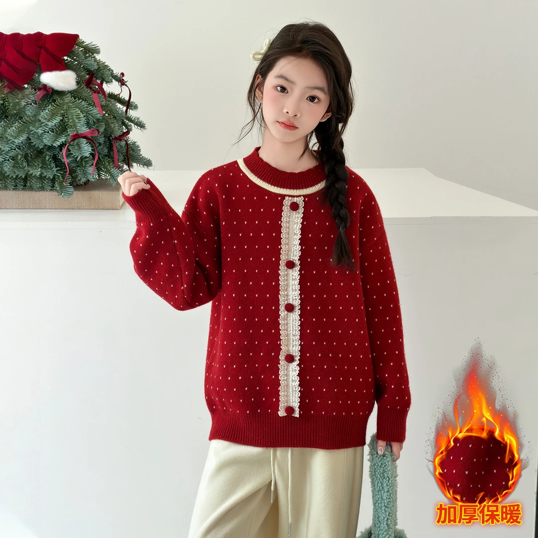 女童秋冬毛衣2025新款儿童加厚波点针织衫毛线衣圣诞节新年衣服潮
